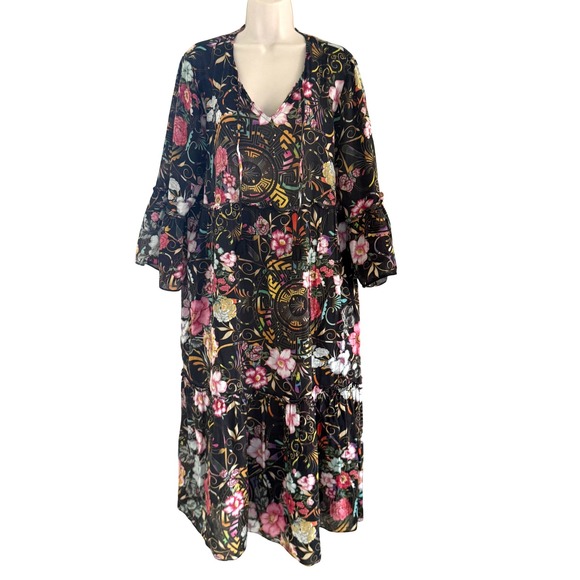 Johnny Was Naomi Peace Ruffled Tiered Floral Midi Dress Size Large Dark Romantic - Picture 3 of 12